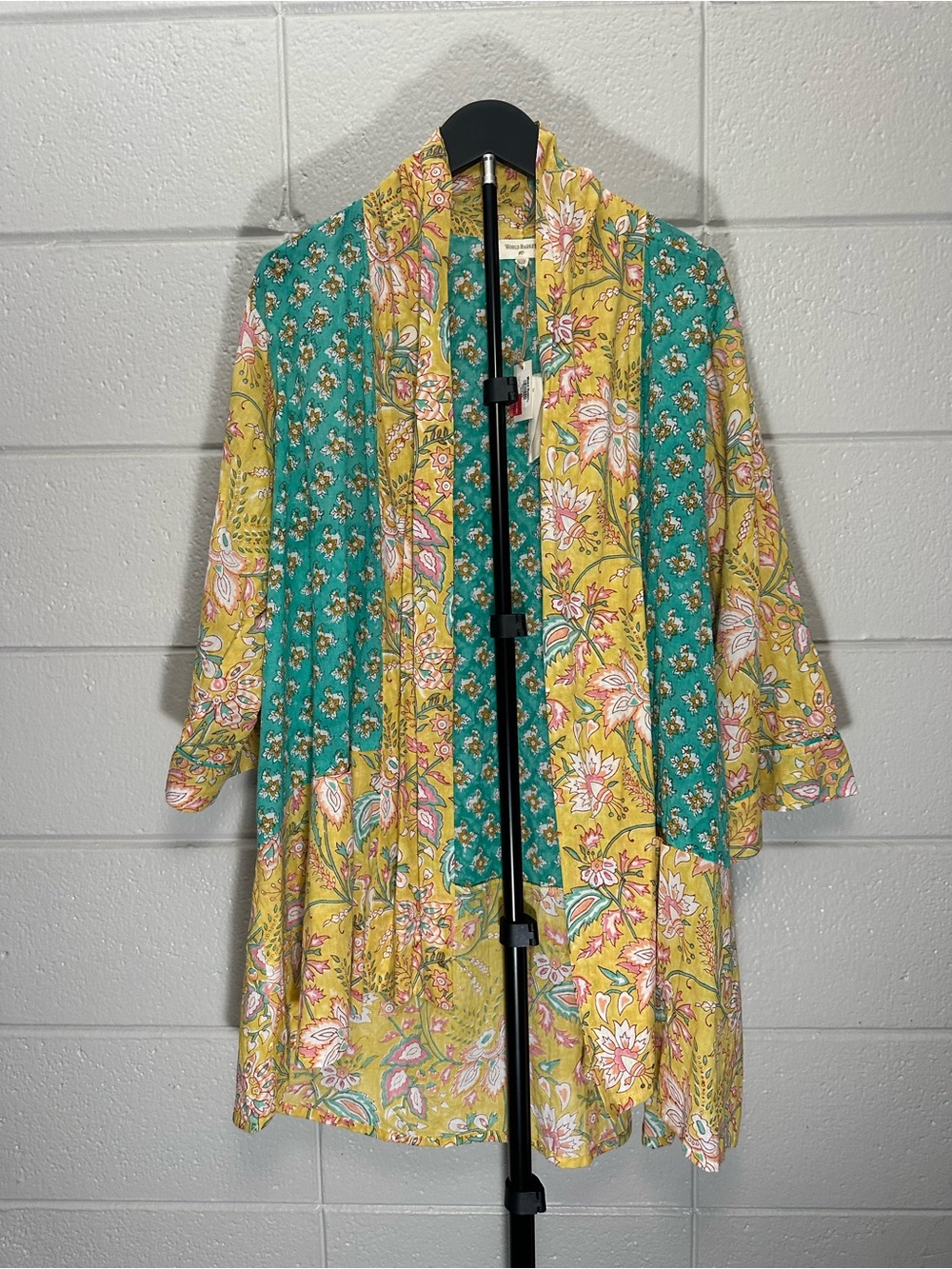 World Market Corine Mixed Floral Block Print Kimono Jacket Pockets Boho OS